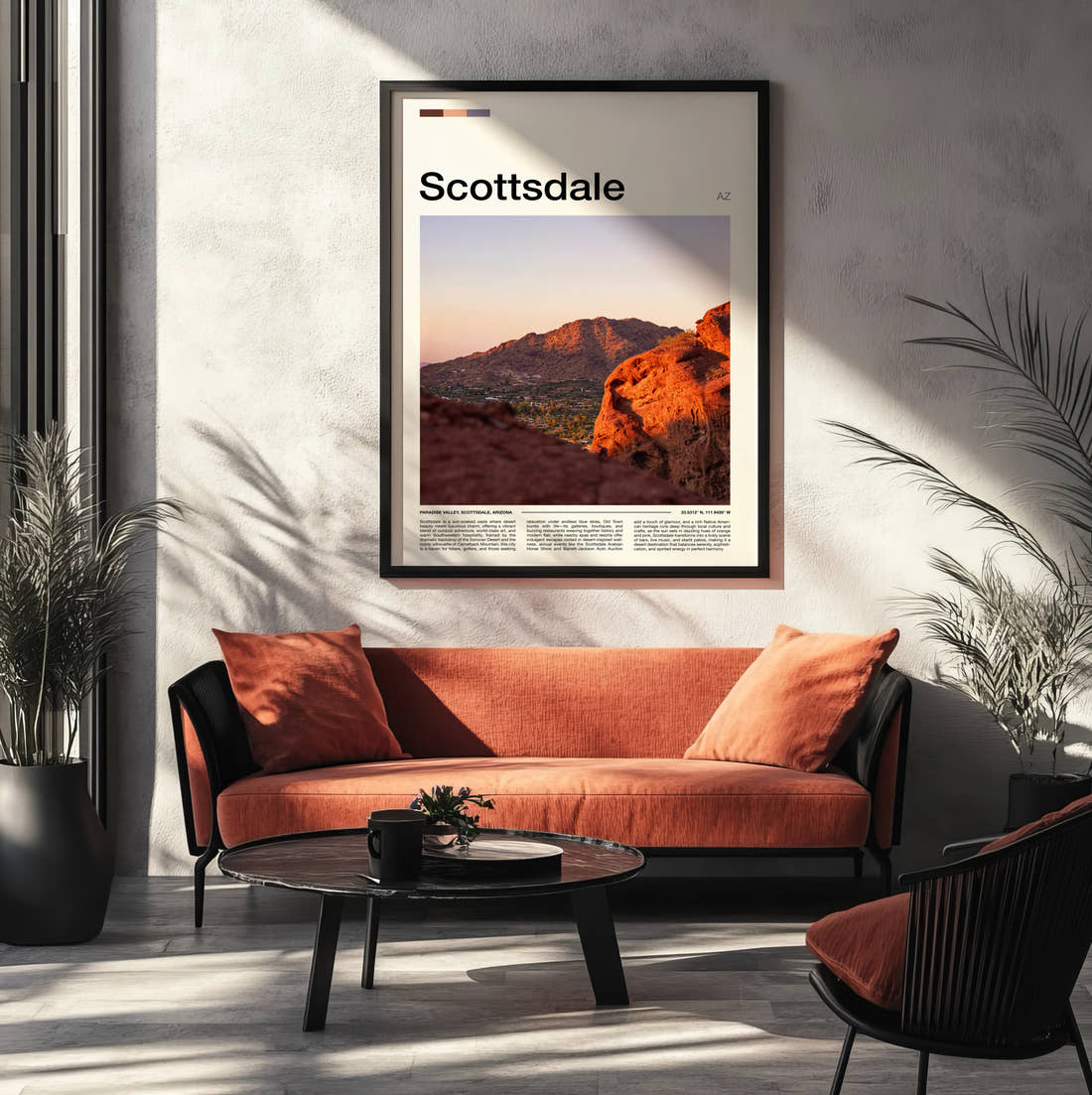 Scottsdale Red Rock Mountain Travel Print framed on the wall of a modern living room