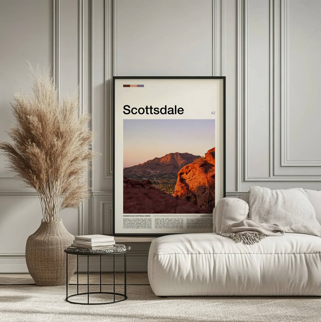 Scottsdale Red Rock Mountain Travel Print framed on the wall of a calm, neutral bedroom