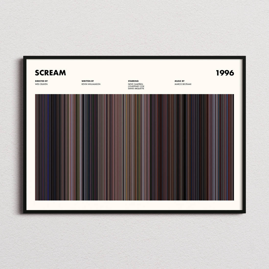 Scream Movie Barcode Poster framed and photographed straight on