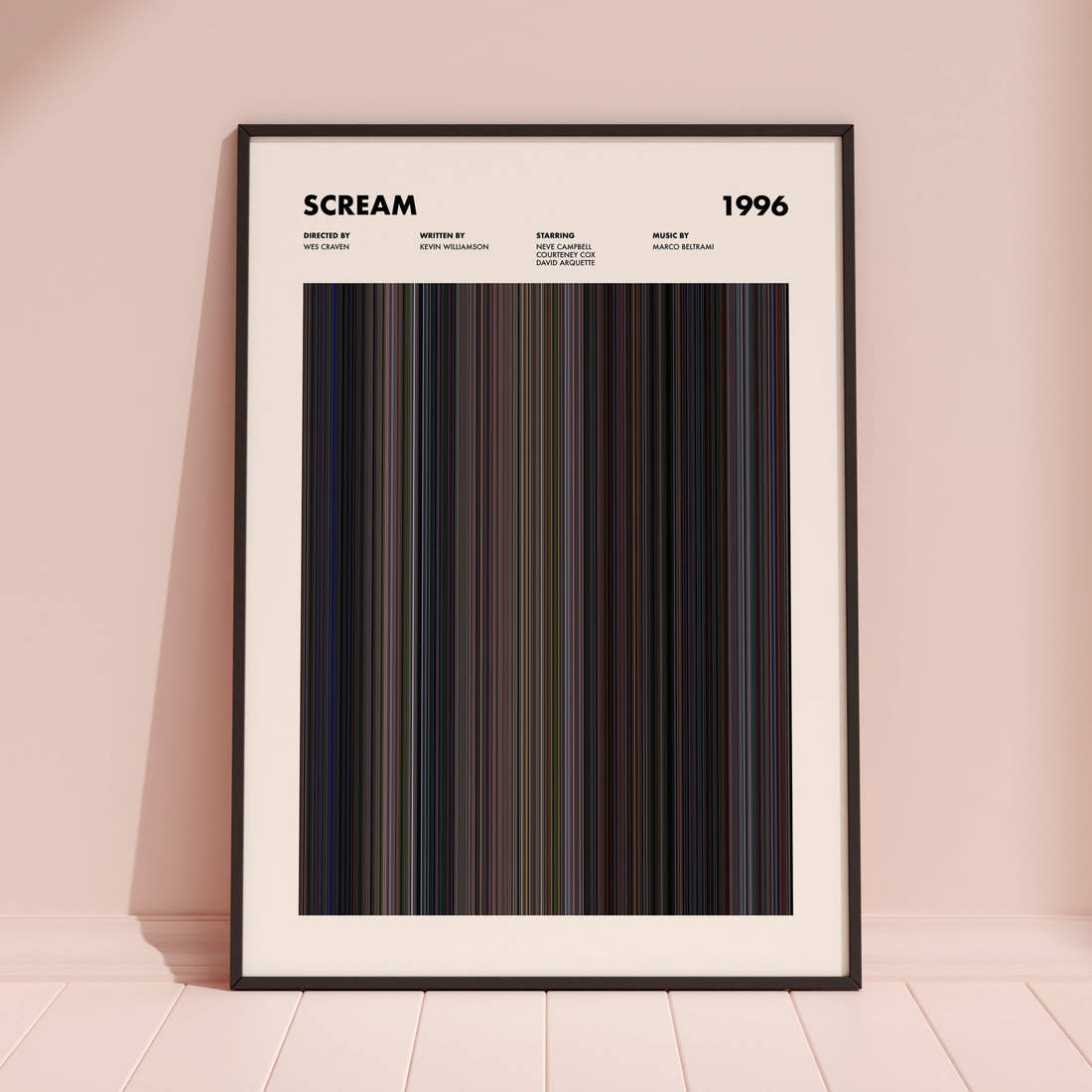 Scream Movie Barcode Poster framed and leaning against a coloured wall