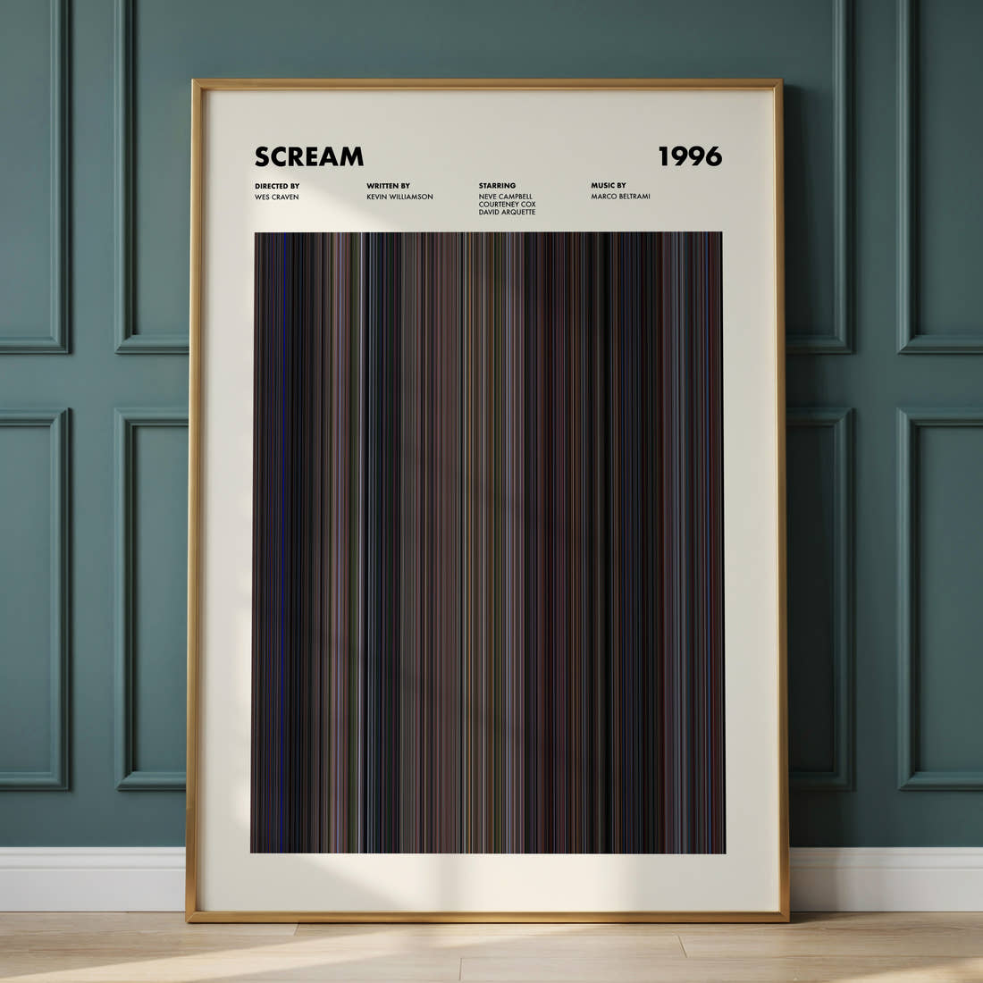 Scream Movie Barcode Poster framed and leaning against a panelled wall