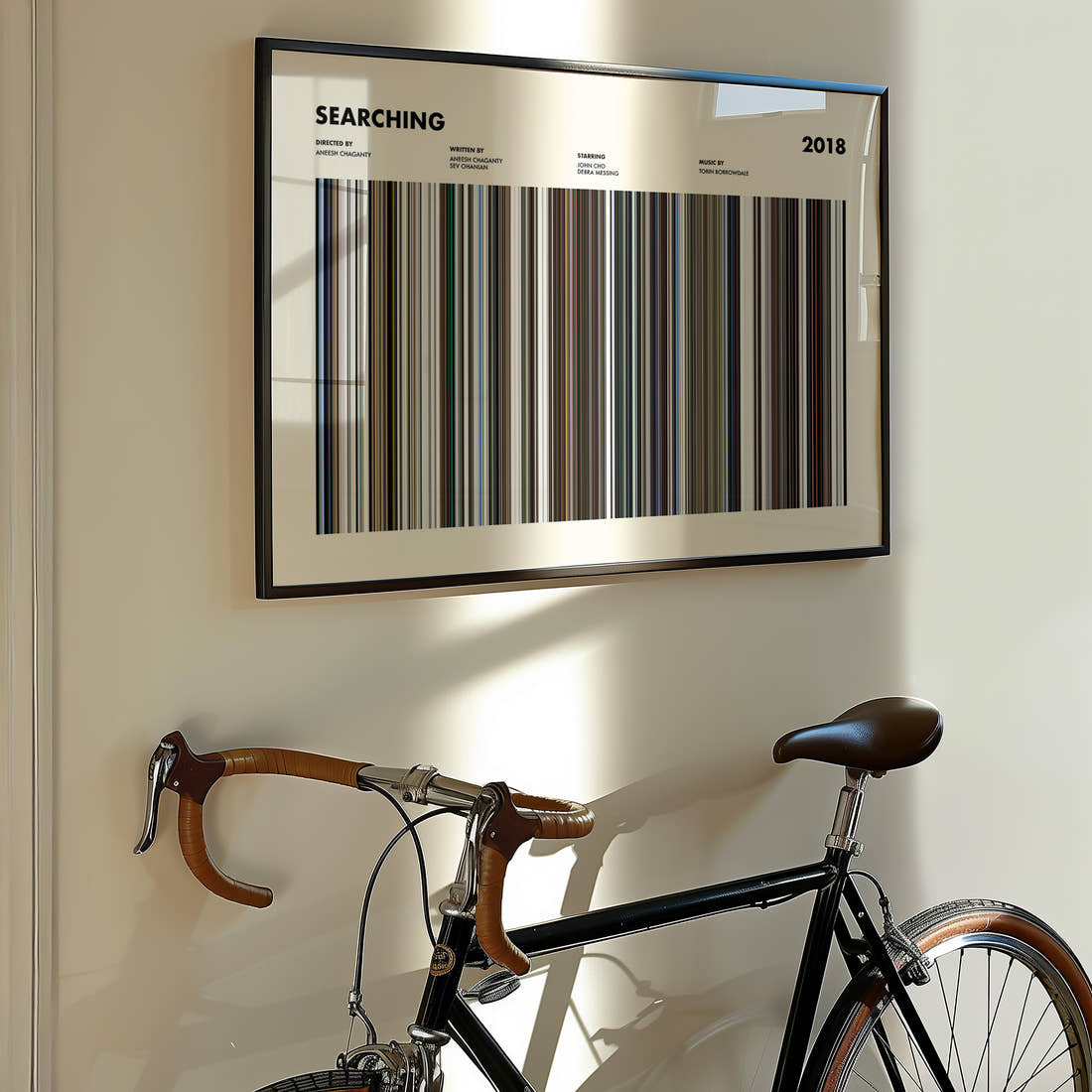Searching Movie Barcode Poster framed on the wall of a styled room setting