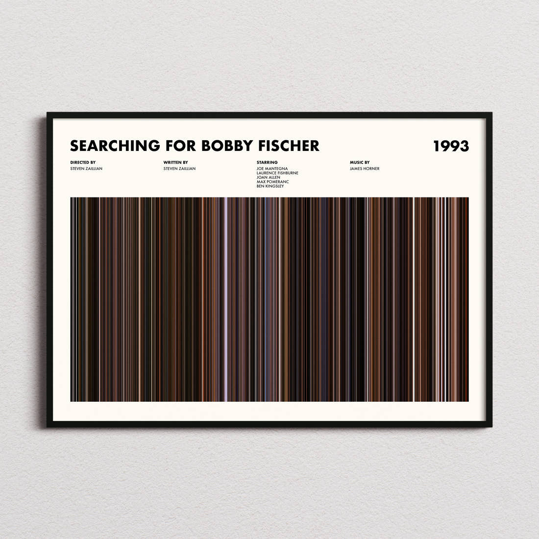 Searching For Bobby Fischer Movie Barcode Poster framed and photographed straight on