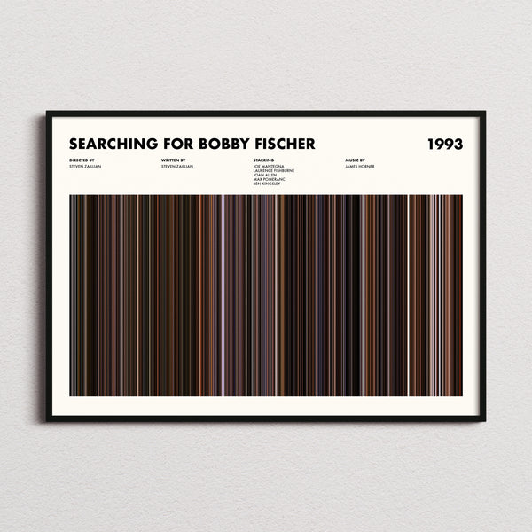 Searching For Bobby Fischer Movie Barcode Poster framed and photographed straight on