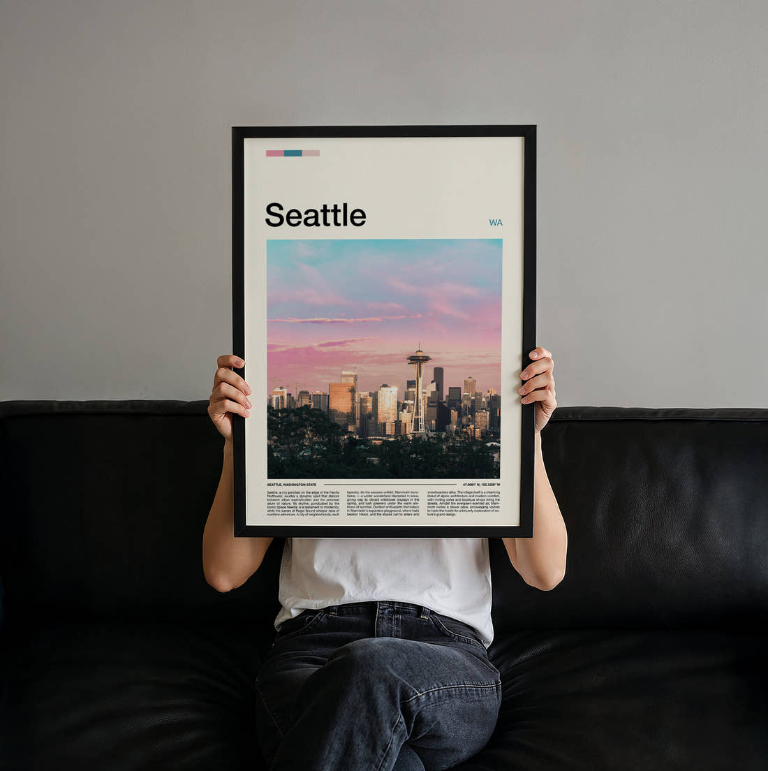 Seattle Skyline With Space Needle Travel Print held up by hand to show the size of the print