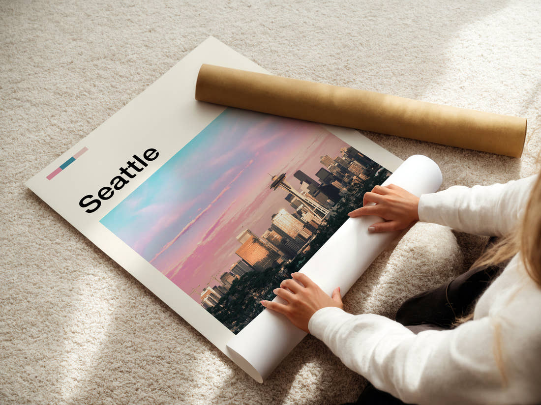 Seattle Skyline With Space Needle Travel Print being unrolled from its postal tube