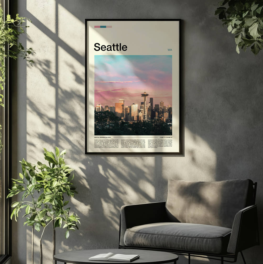 Seattle Skyline With Space Needle Travel Print framed on the wall of a relaxed living room