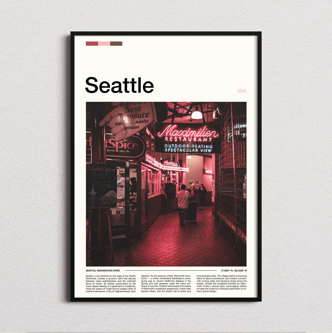 Seattle Market Neon Signs Travel Print framed and photographed straight on