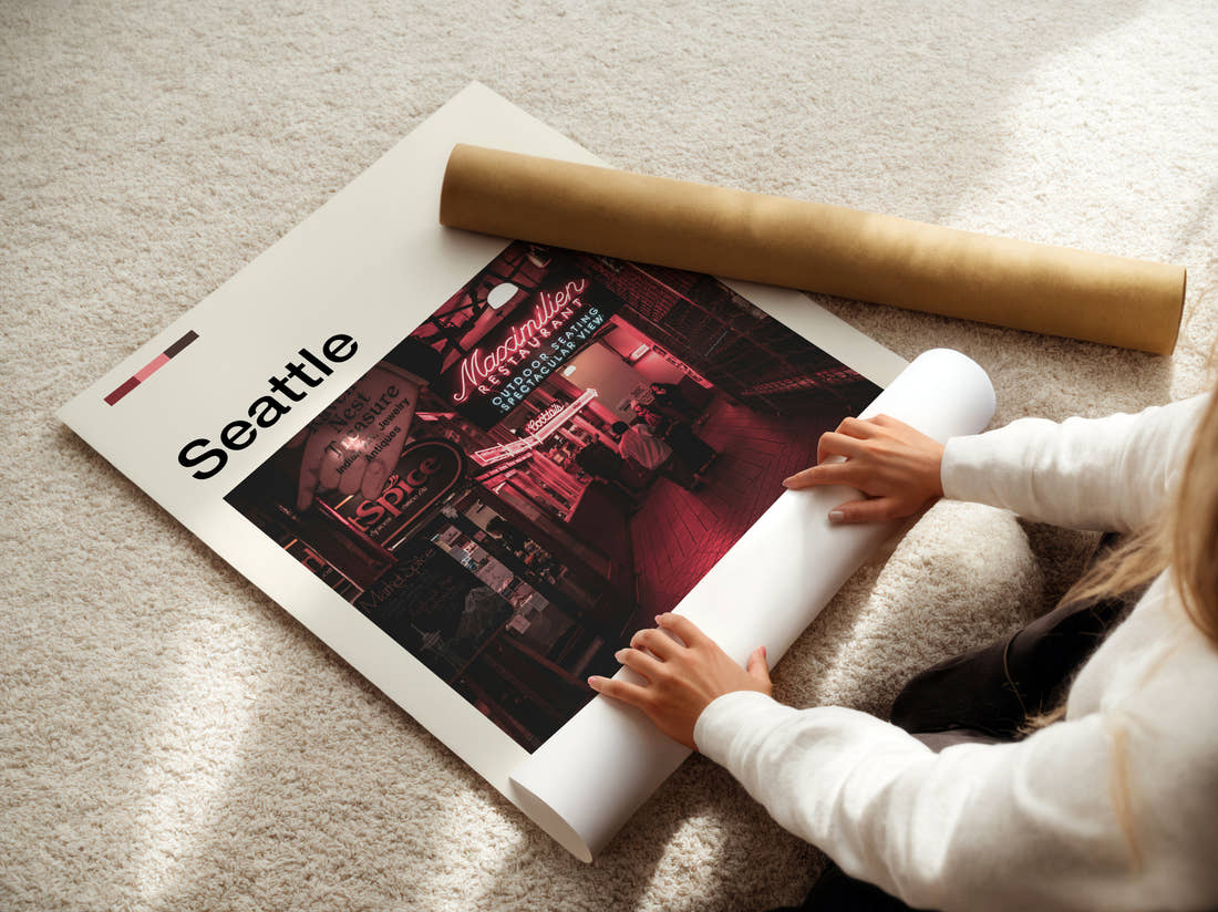 Seattle Market Neon Signs Travel Print being unrolled from its postal tube