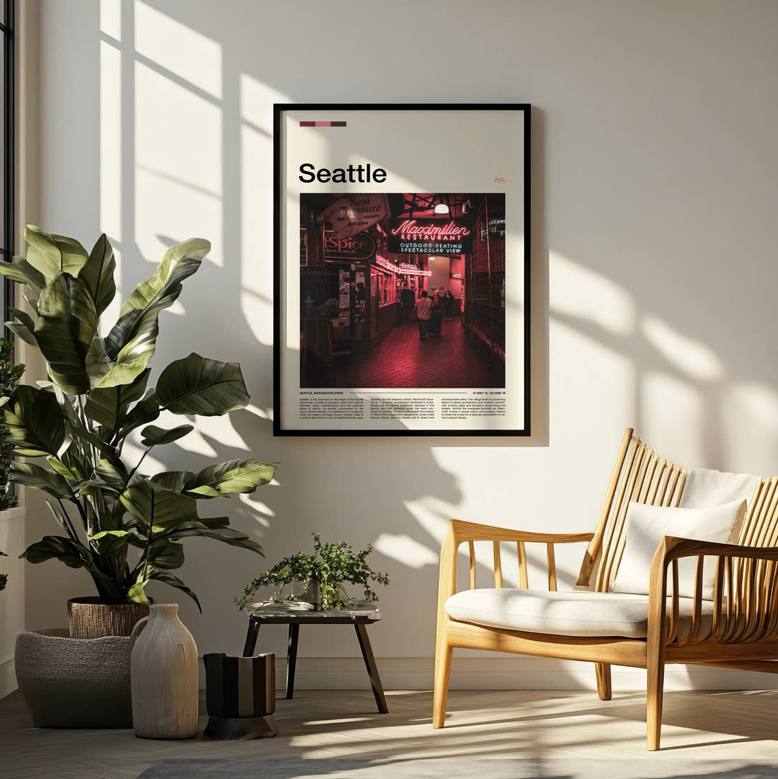Seattle Market Neon Signs Travel Print framed on a pale wall beside houseplants