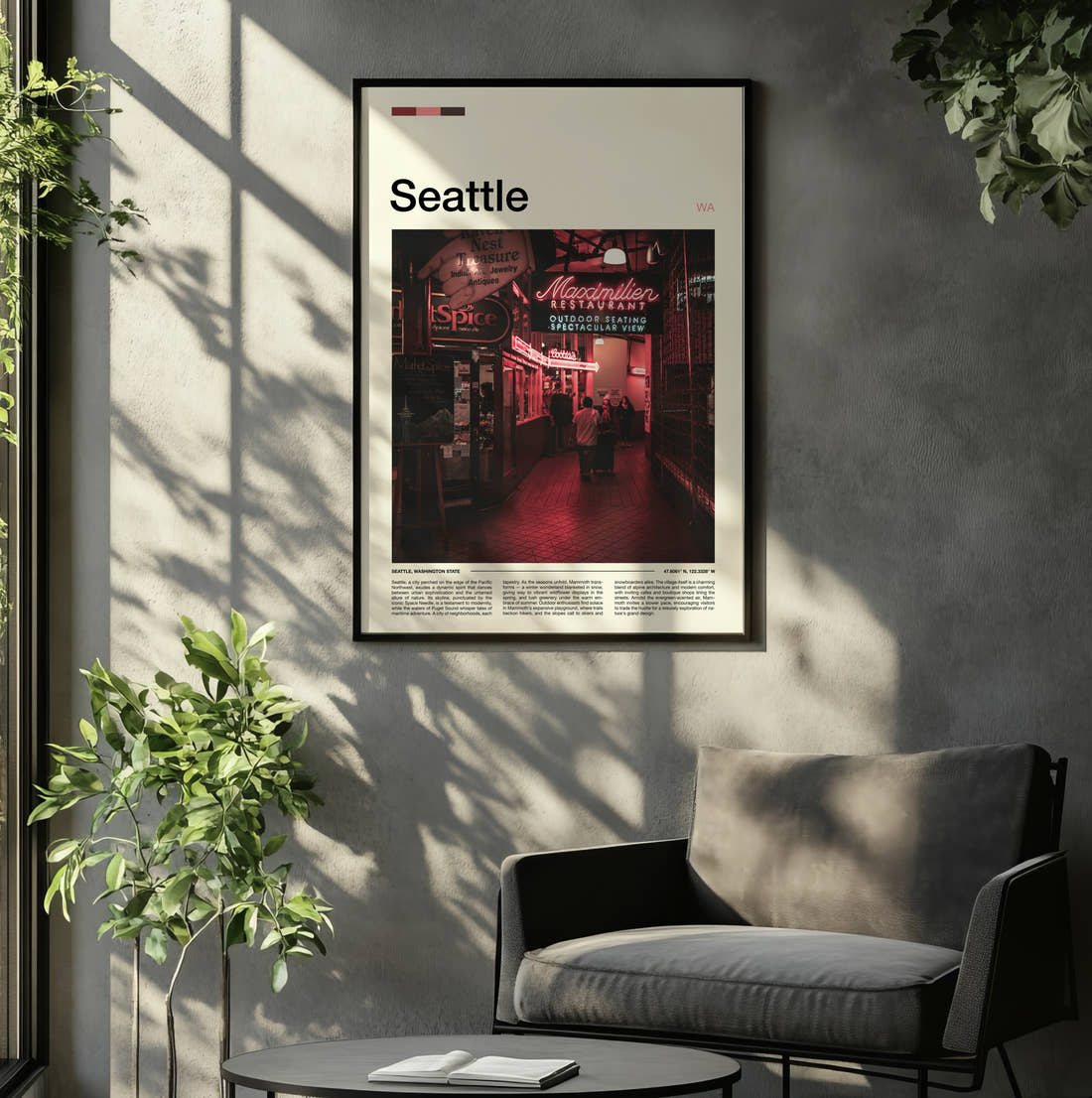 Seattle Market Neon Signs Travel Print framed on the wall of a relaxed living room