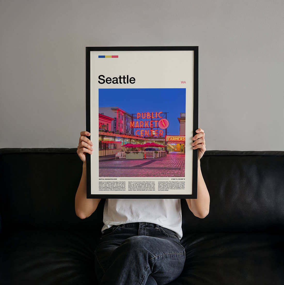 Seattle Public Market Sign At Dusk Travel Print held up by hand to show the size of the print