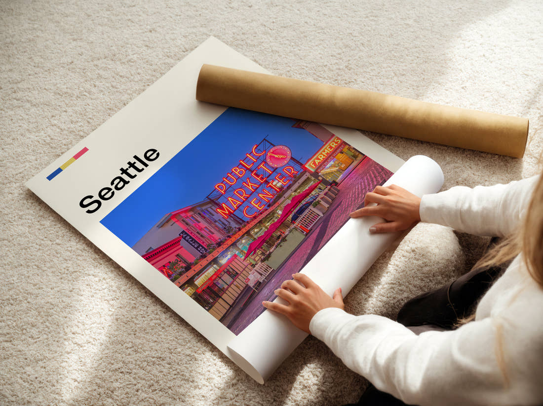 Seattle Public Market Sign At Dusk Travel Print being unrolled from its postal tube