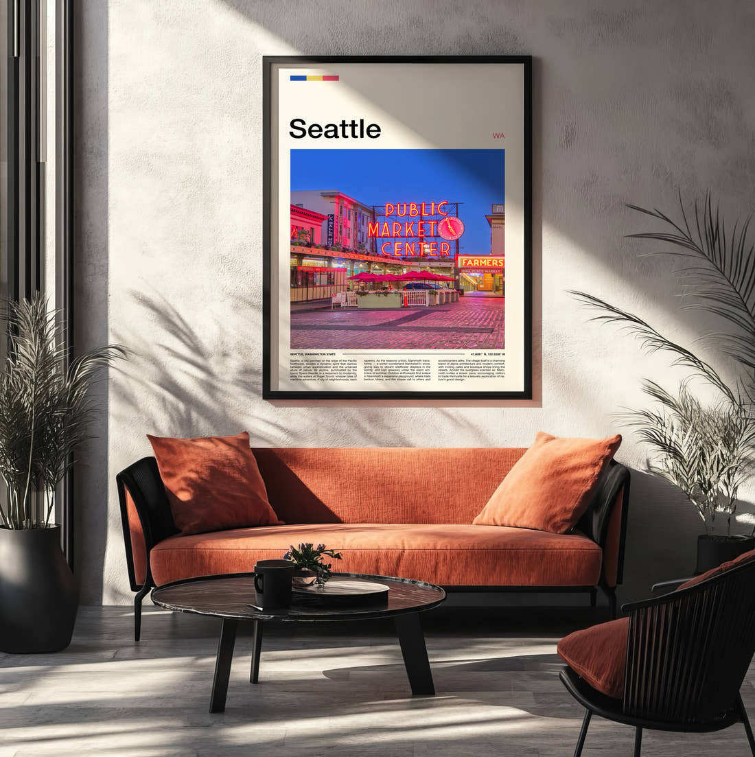 Seattle Public Market Sign At Dusk Travel Print framed on the wall of a modern living room