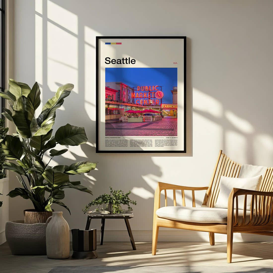 Seattle Public Market Sign At Dusk Travel Print framed on a pale wall beside houseplants