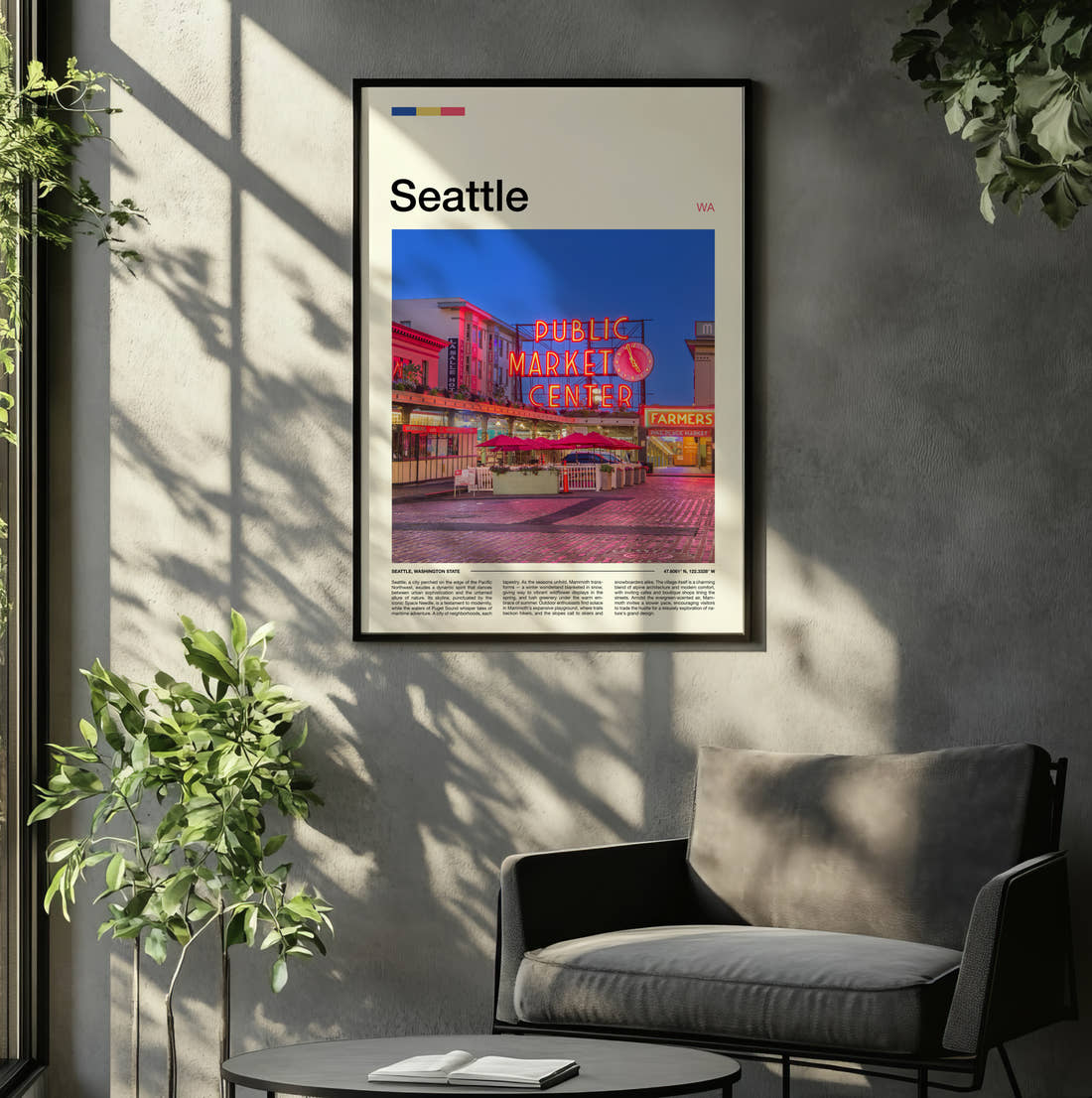 Seattle Public Market Sign At Dusk Travel Print framed on the wall of a relaxed living room