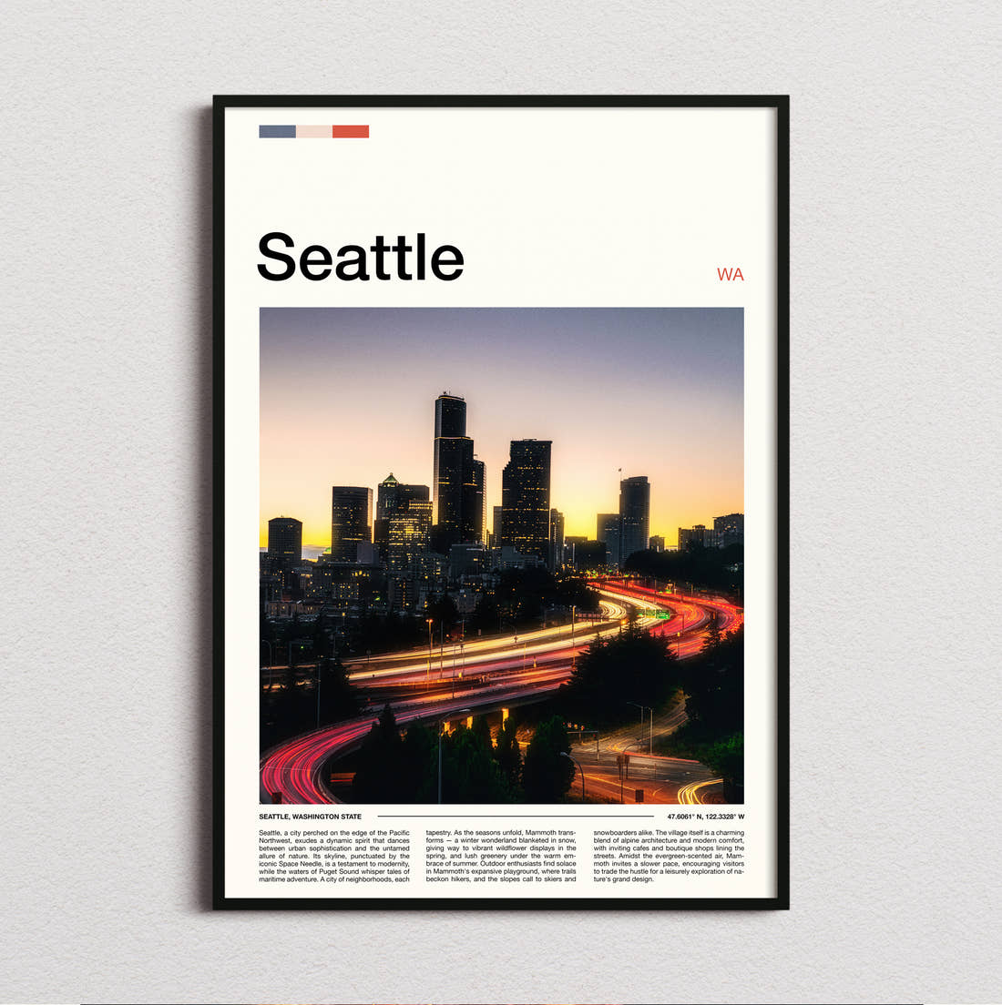 Seattle Traffic Light Trails Travel Print framed and photographed straight on