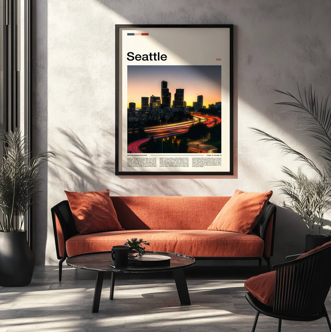 Seattle Traffic Light Trails Travel Print framed on the wall of a modern living room