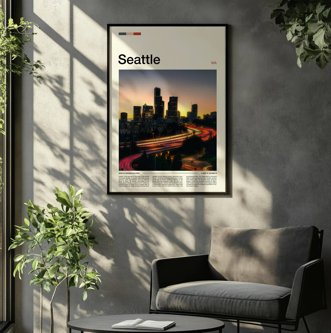Seattle Traffic Light Trails Travel Print framed on the wall of a relaxed living room