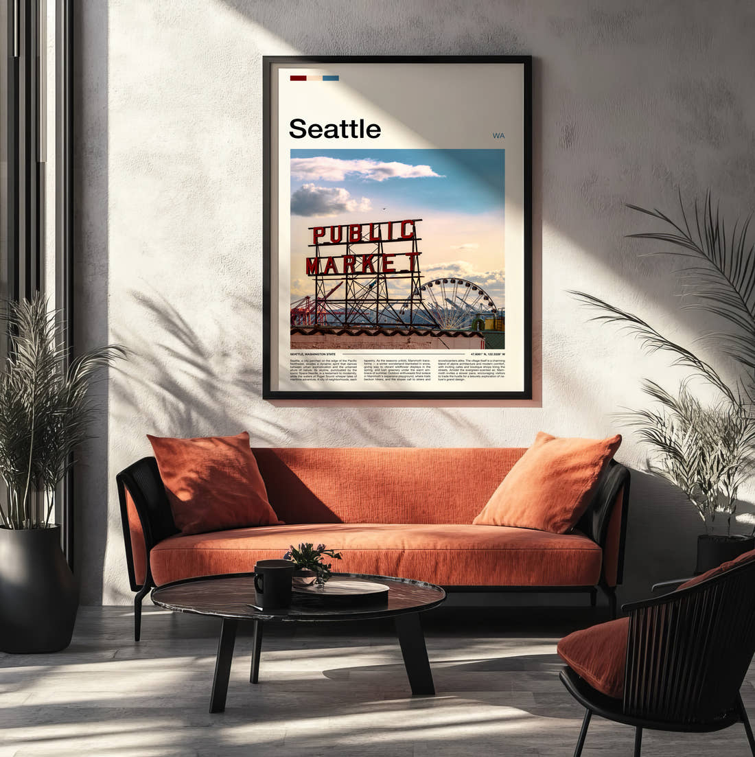 Seattle Public Market Sign And Big Wheel Travel Print framed on the wall of a modern living room