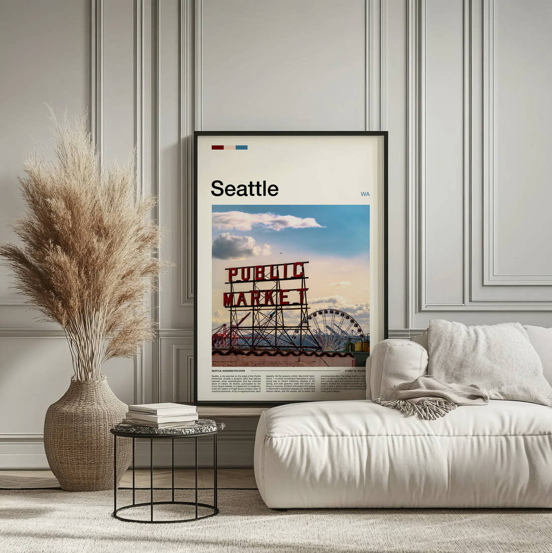 Seattle Public Market Sign And Big Wheel Travel Print framed on the wall of a calm, neutral bedroom