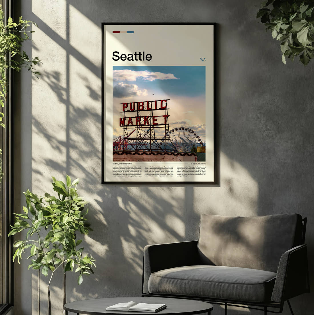 Seattle Public Market Sign And Big Wheel Travel Print framed on the wall of a relaxed living room