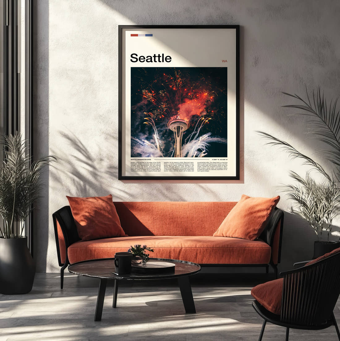 Seattle Fireworks Over Space Needle Travel Print framed on the wall of a modern living room