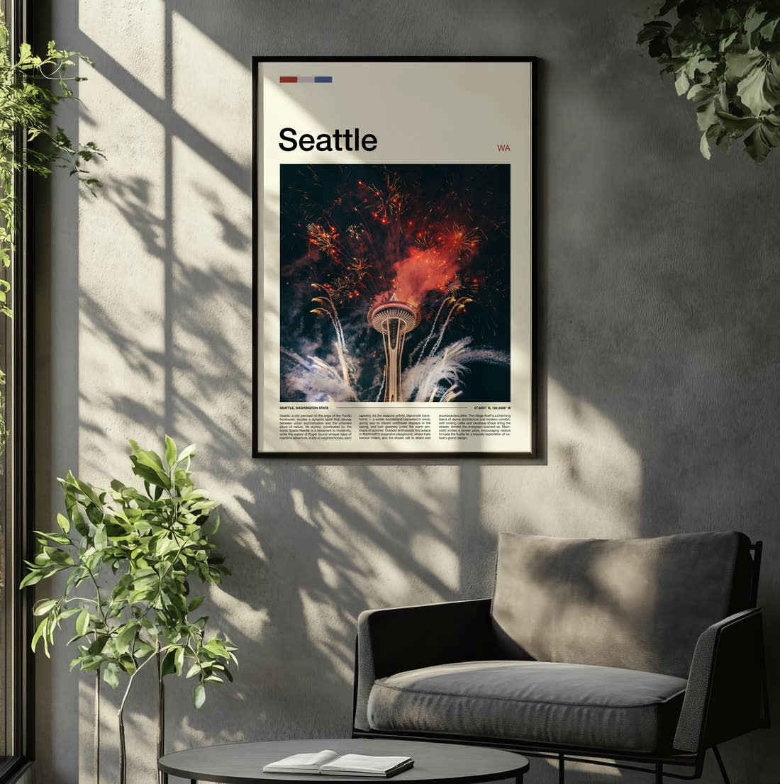 Seattle Fireworks Over Space Needle Travel Print framed on the wall of a relaxed living room