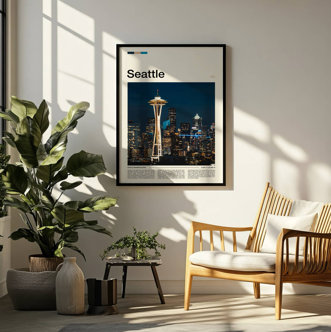 Seattle Space Needle At Night Travel Print framed on a pale wall beside houseplants
