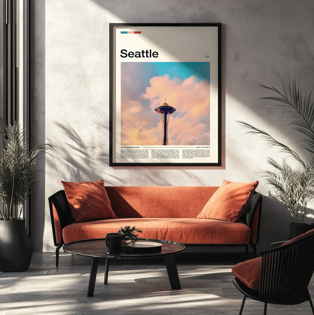 Seattle Space Needle In The Clouds Travel Print framed on the wall of a modern living room