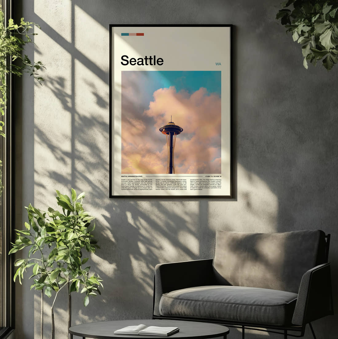 Seattle Space Needle In The Clouds Travel Print framed on the wall of a relaxed living room