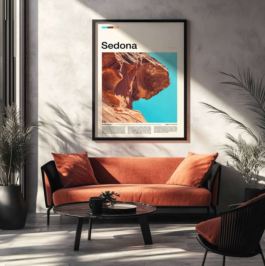 Sedona Red Rock Cliff Travel Print framed on the wall of a modern living room