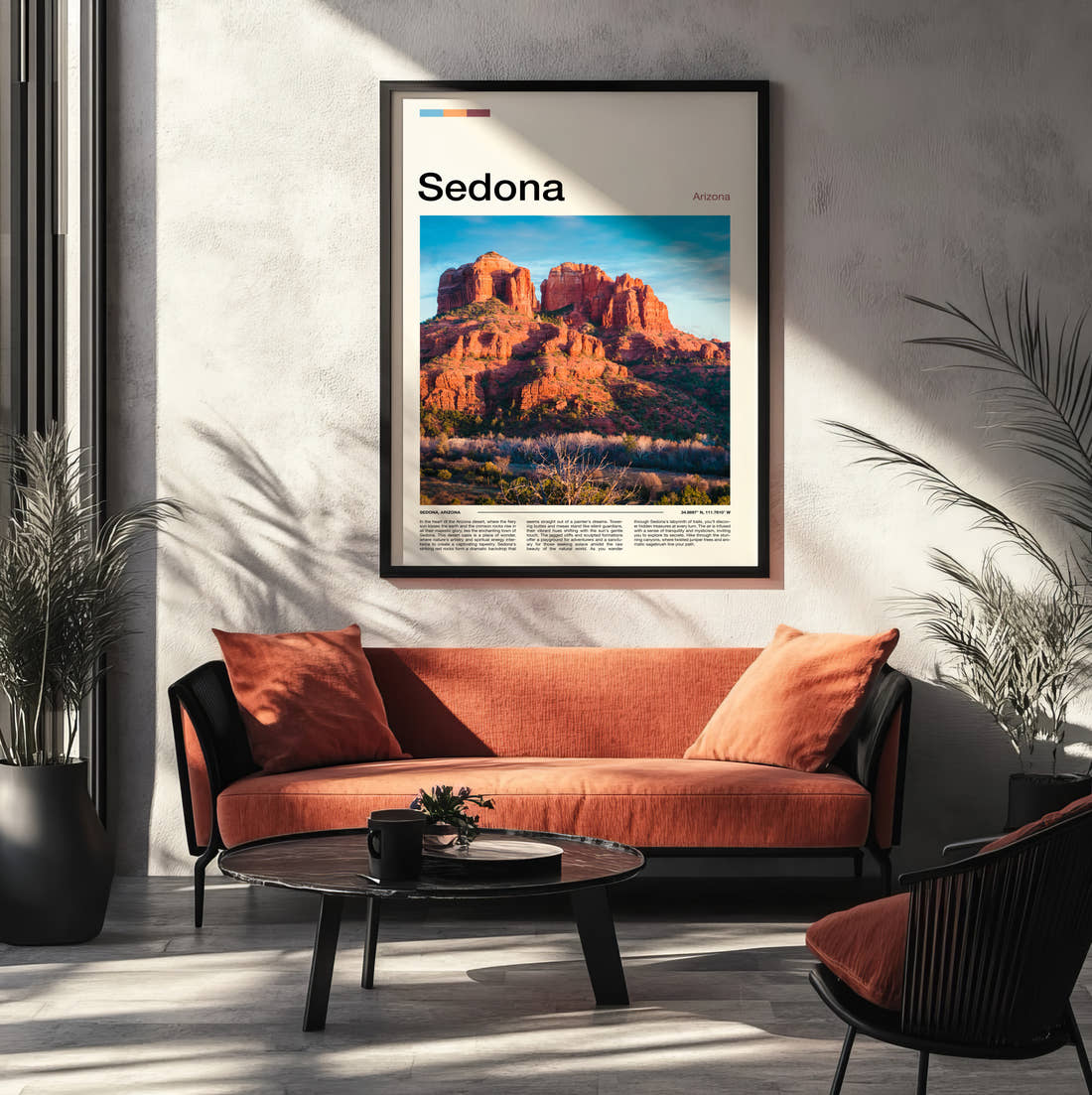 Sedona Cathedral Rock Travel Print framed on the wall of a modern living room