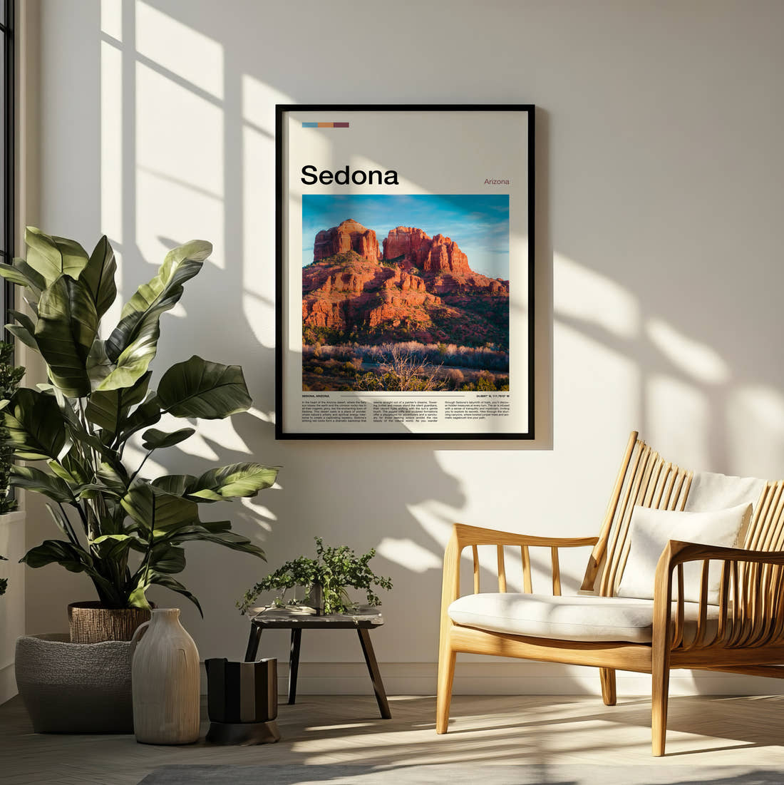 Sedona Cathedral Rock Travel Print framed on a pale wall beside houseplants