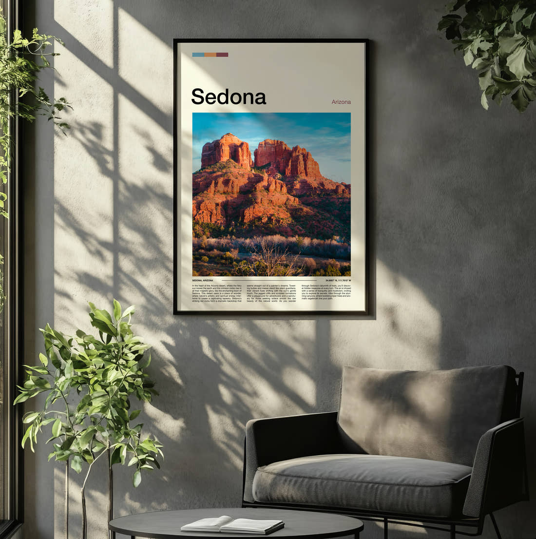 Sedona Cathedral Rock Travel Print framed on the wall of a relaxed living room