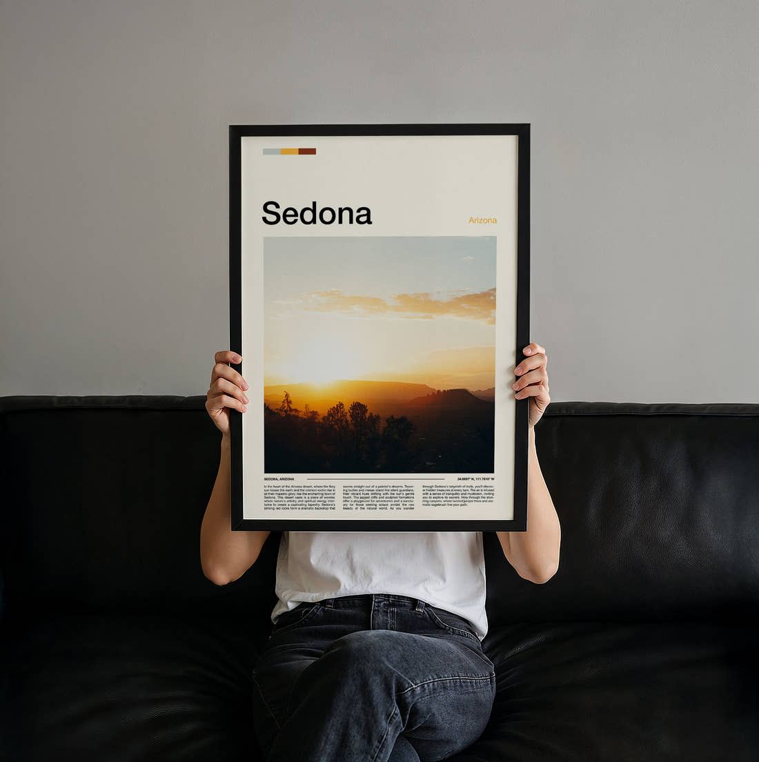 Sedona Sunset Over Mountains Travel Print held up by hand to show the size of the print
