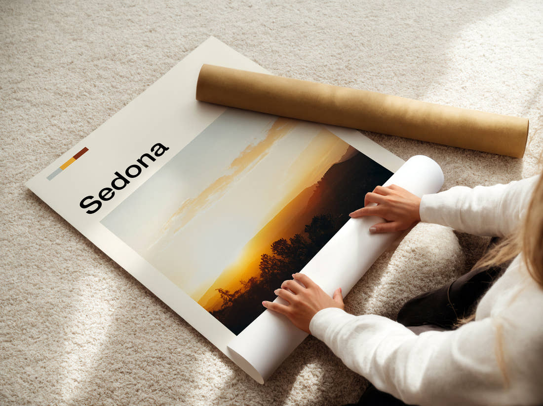 Sedona Sunset Over Mountains Travel Print being unrolled from its postal tube