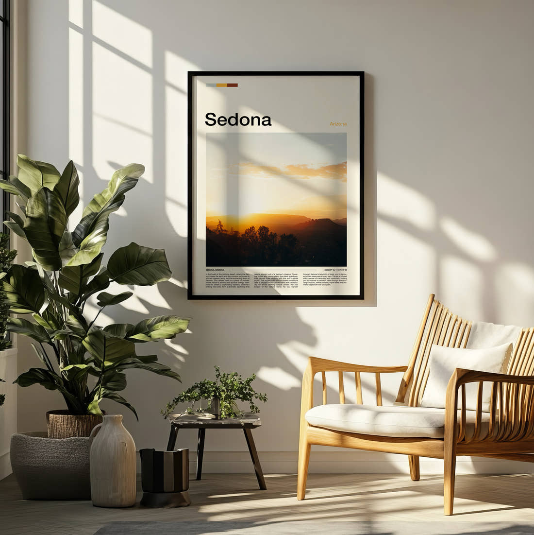 Sedona Sunset Over Mountains Travel Print framed on a pale wall beside houseplants