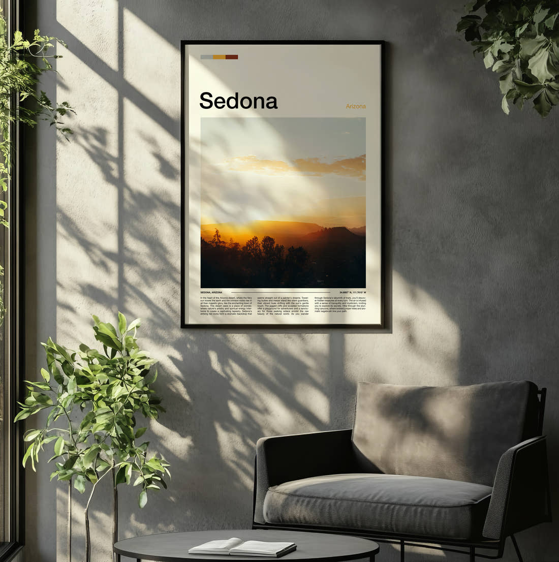Sedona Sunset Over Mountains Travel Print framed on the wall of a relaxed living room