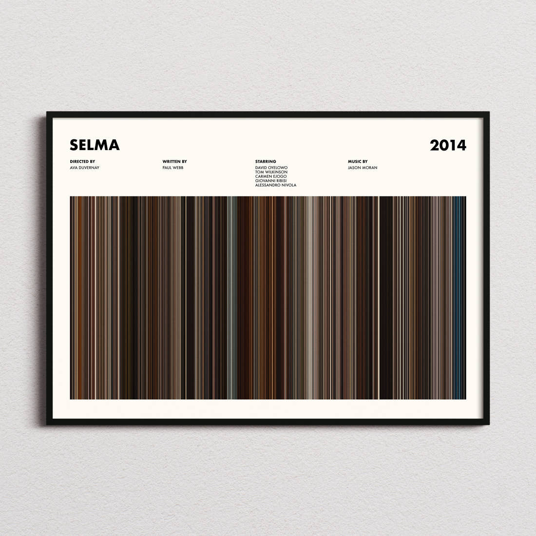 Selma Movie Barcode Poster framed and photographed straight on