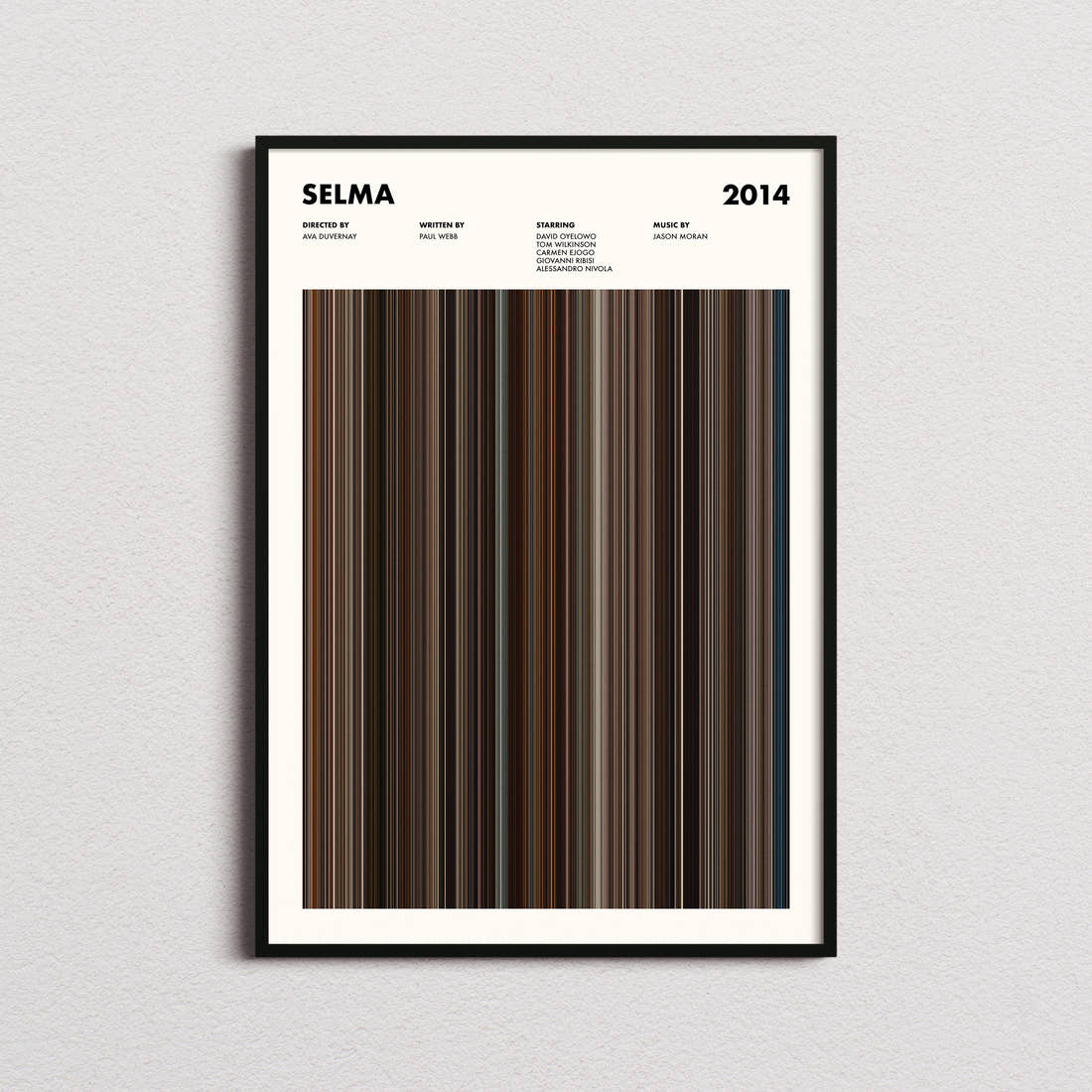 Selma Movie Barcode Poster framed on a plain studio wall