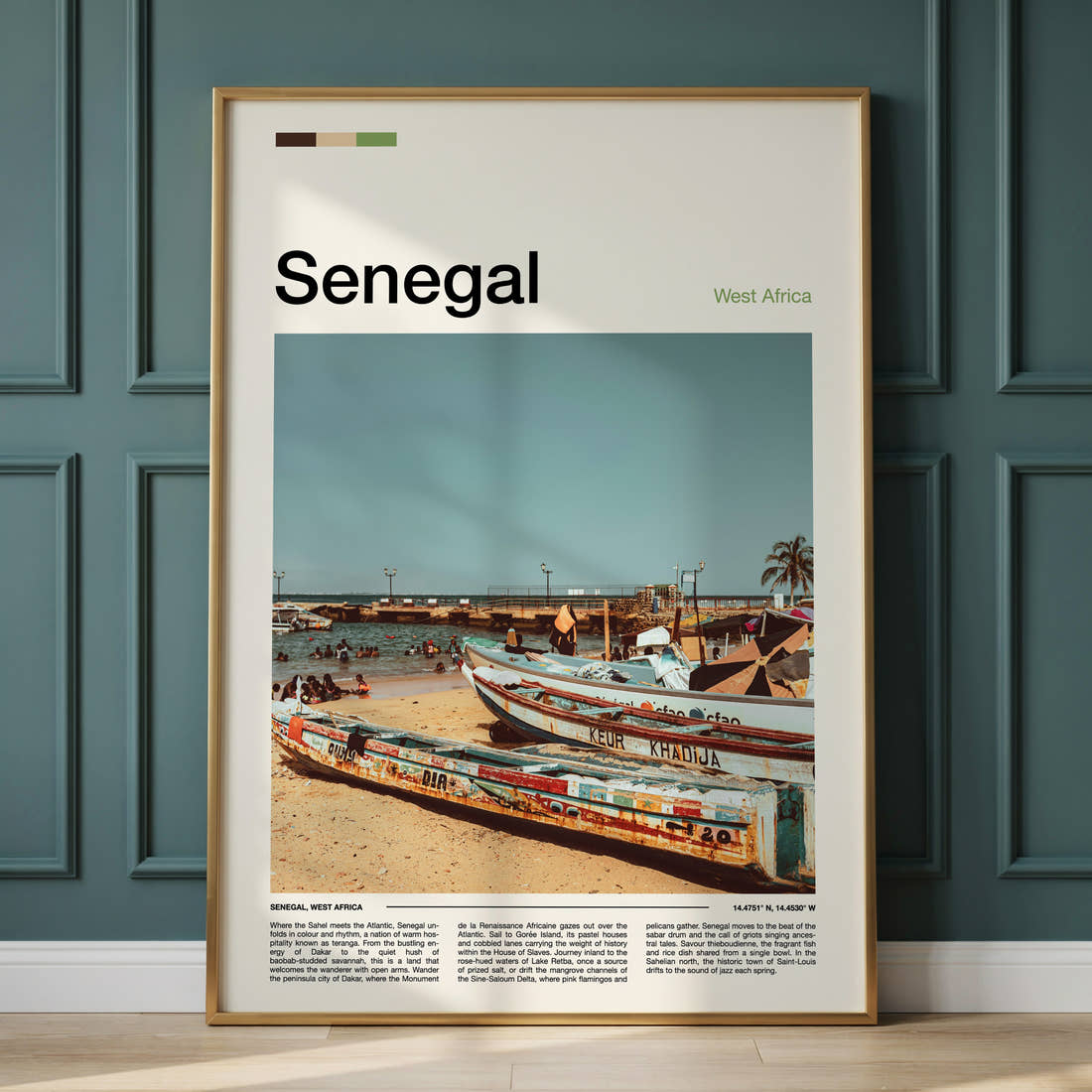 Senegal Weathered Fishing Boats Travel Print framed on the wall of a calm, neutral bedroom