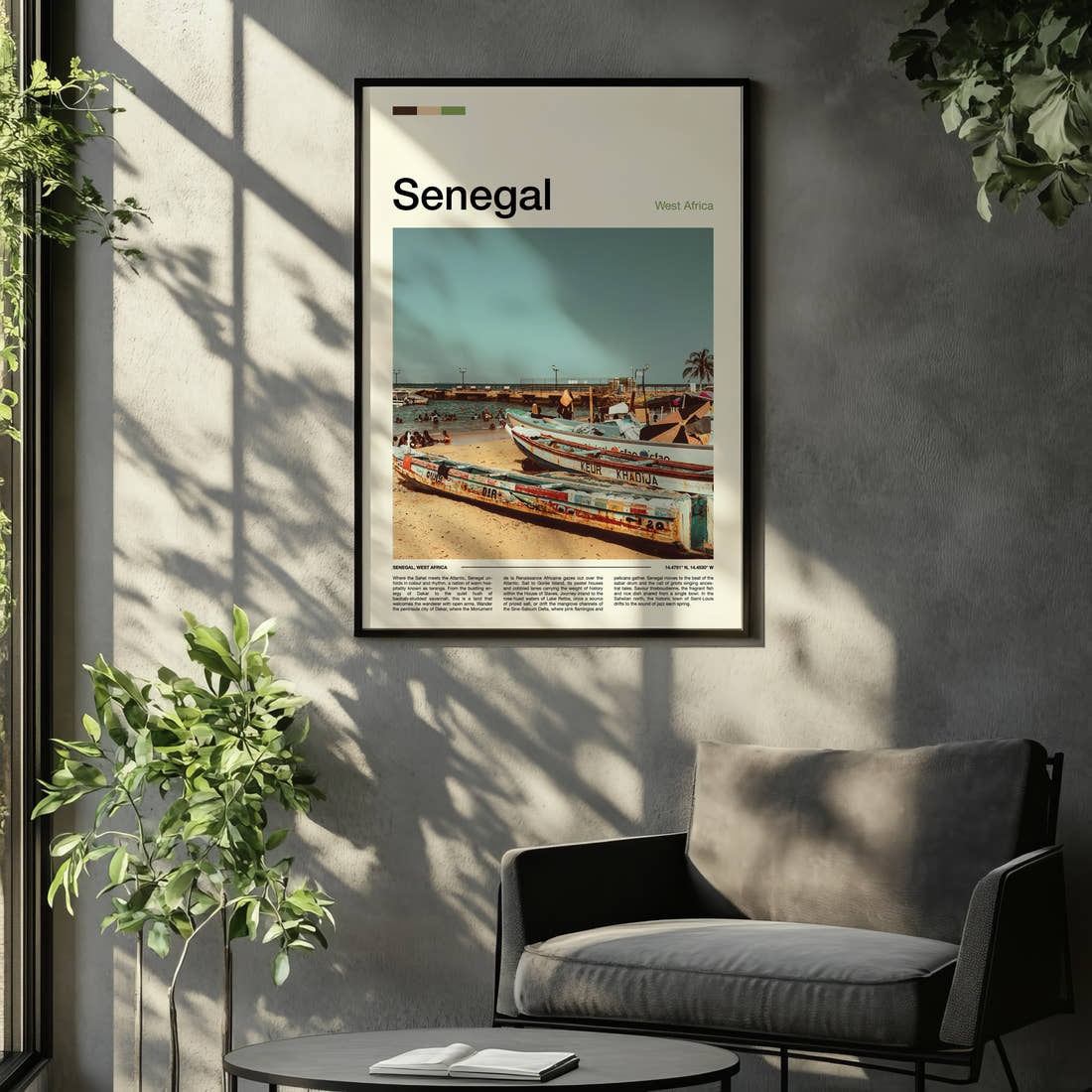 Senegal Weathered Fishing Boats Travel Print framed on the wall of a relaxed living room