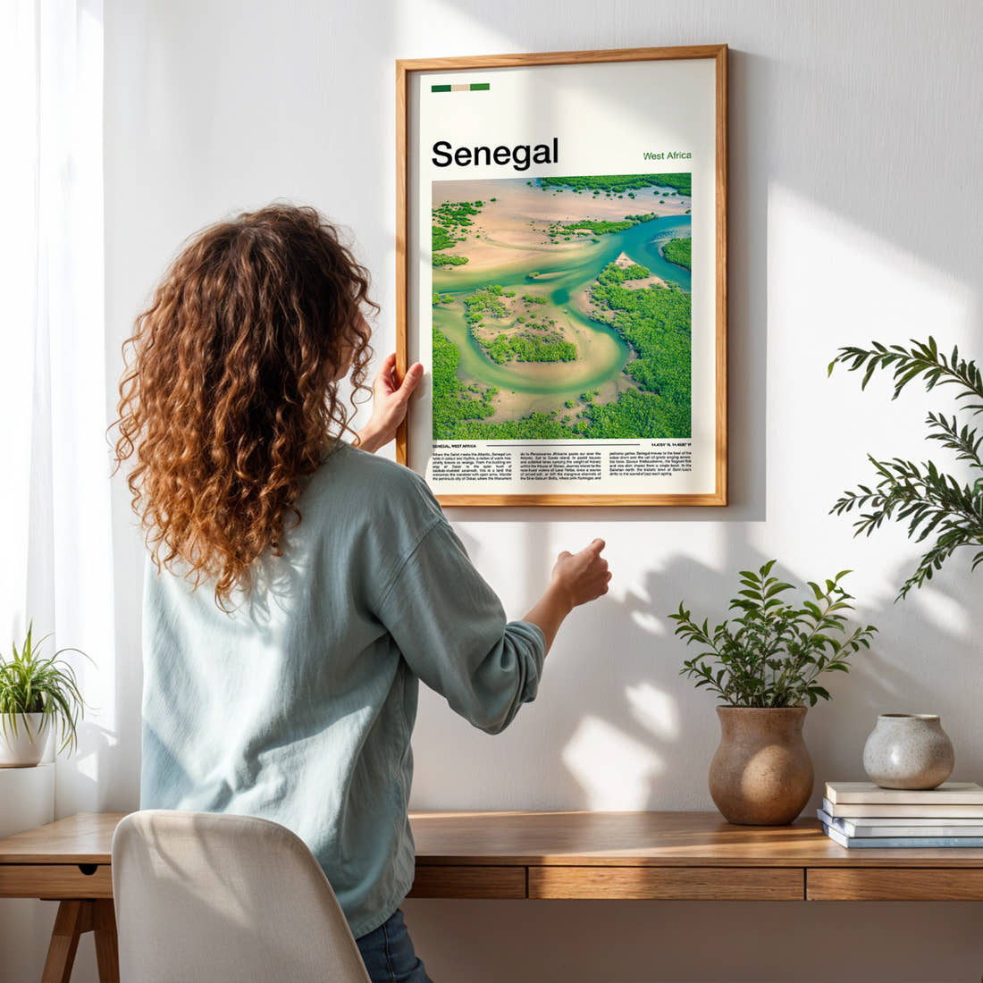 Senegal Aerial Delta View Travel Print framed on a pale wall beside houseplants
