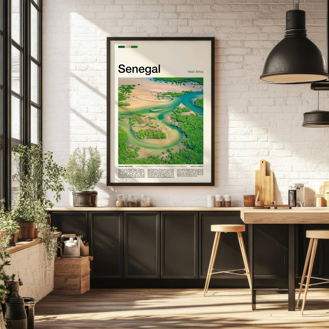 Senegal Aerial Delta View Travel Print framed on the wall of a bright kitchen and dining space