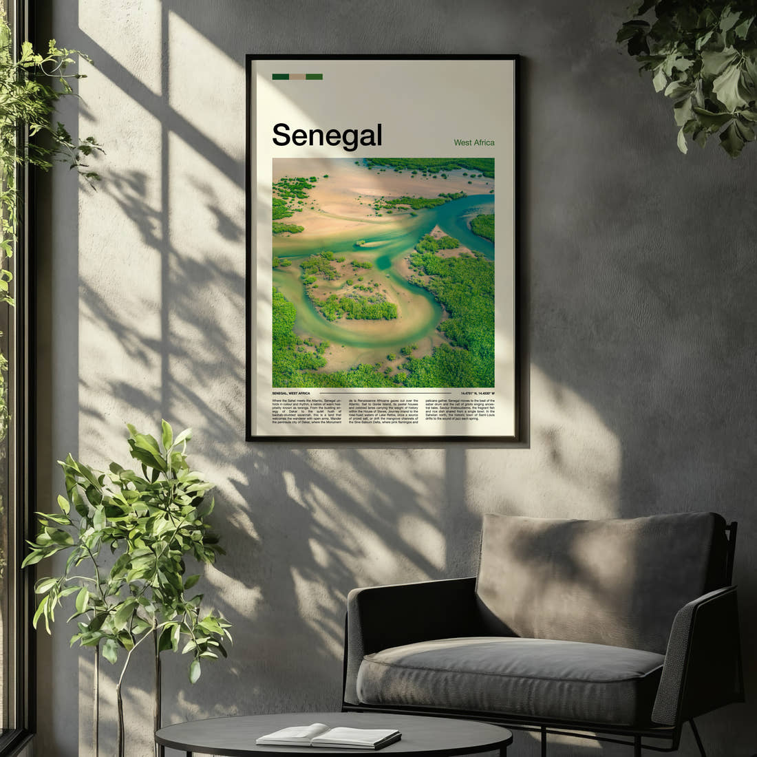 Senegal Aerial Delta View Travel Print framed on the wall of a relaxed living room