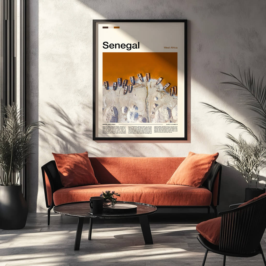 Senegal Aerial Fishing Boats Travel Print framed on the wall of a modern living room