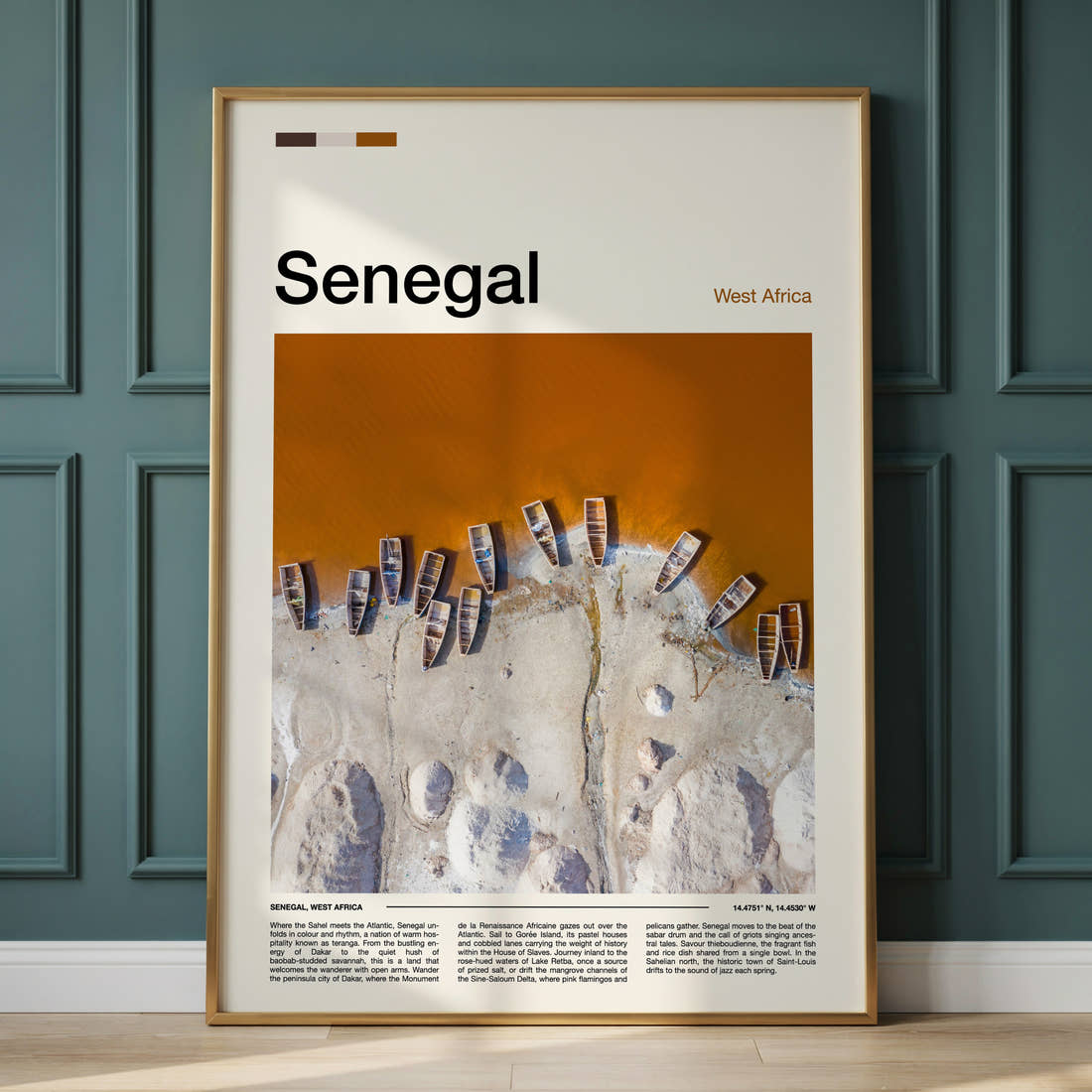Senegal Aerial Fishing Boats Travel Print framed on the wall of a calm, neutral bedroom