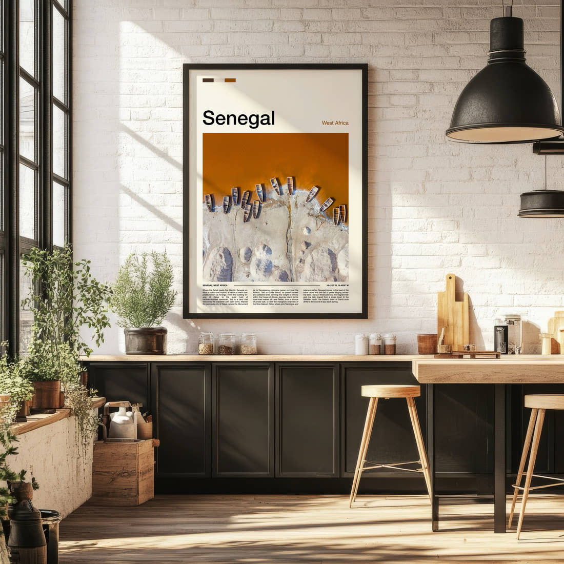 Senegal Aerial Fishing Boats Travel Print framed on the wall of a bright kitchen and dining space