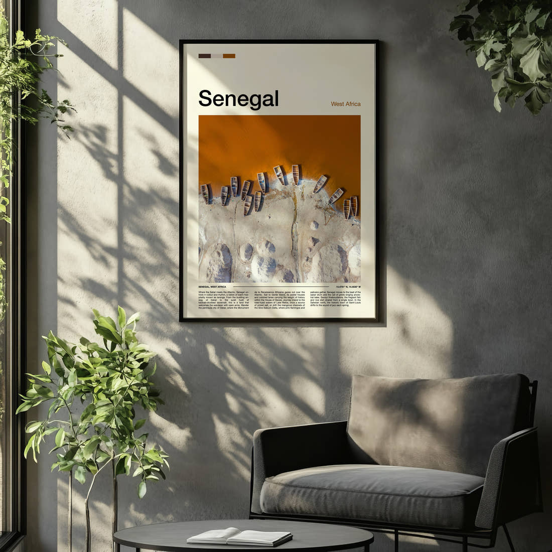 Senegal Aerial Fishing Boats Travel Print framed on the wall of a relaxed living room